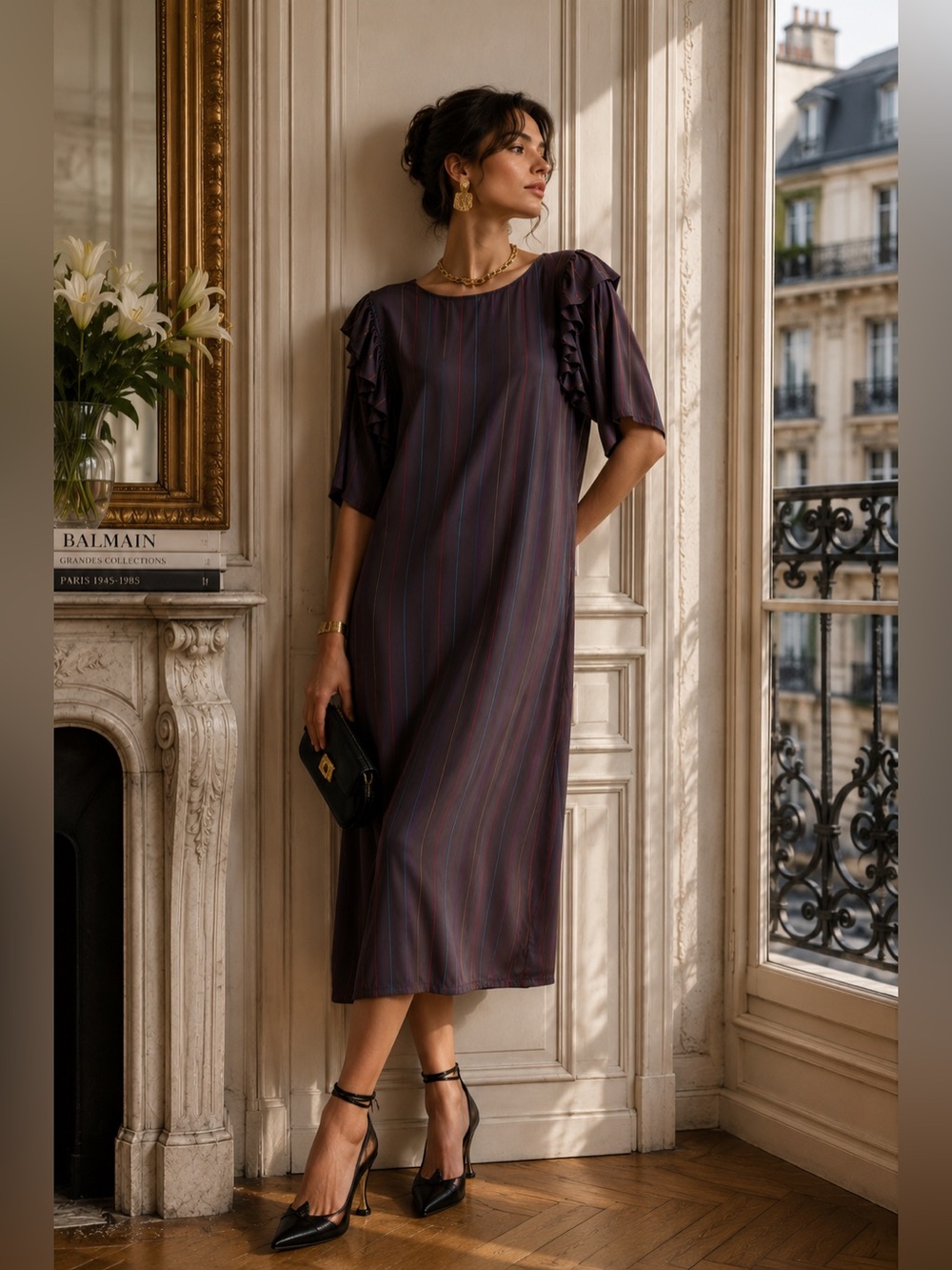 Vintage Pierre Balmain Paris Silk Ruffle Shoulder Midi Dress Size 10 Designer